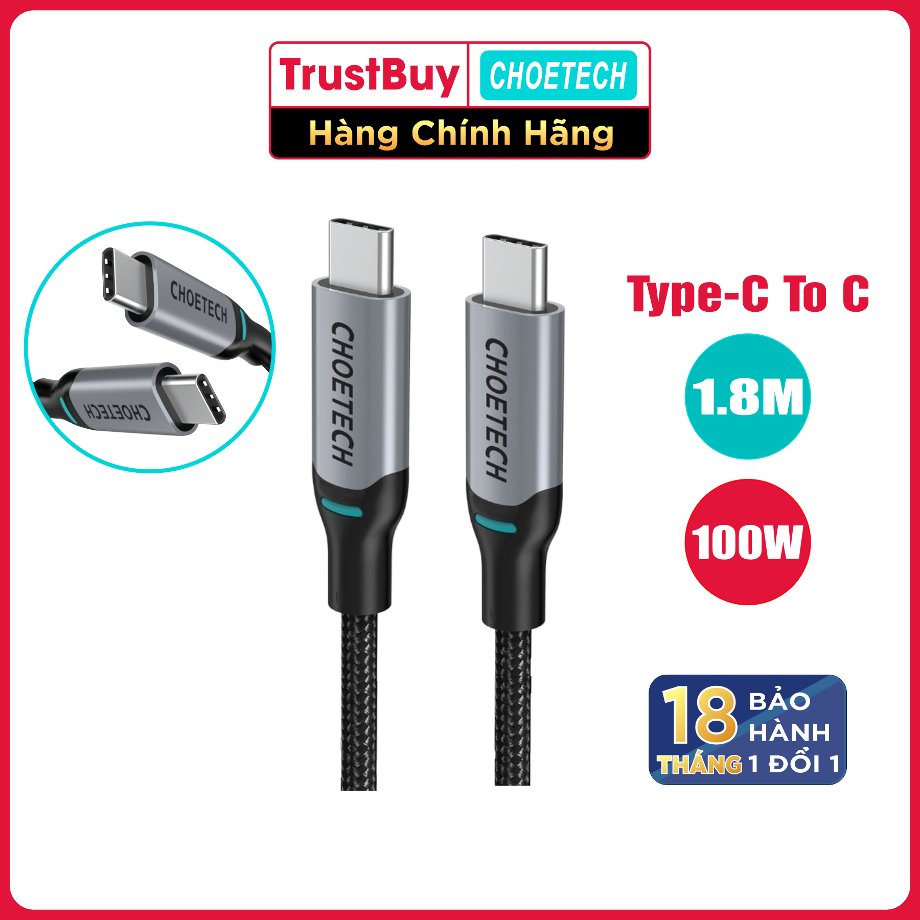 Dây Cáp Sạc Nhanh USB Type C to Type C 100W Dài 1.8M Chuyên Sạc Cho iPhone 15, iP16, Macbook, Laptop, Smartphone CHOETECH XCC-1002-GY - Hàng Chính Hãng