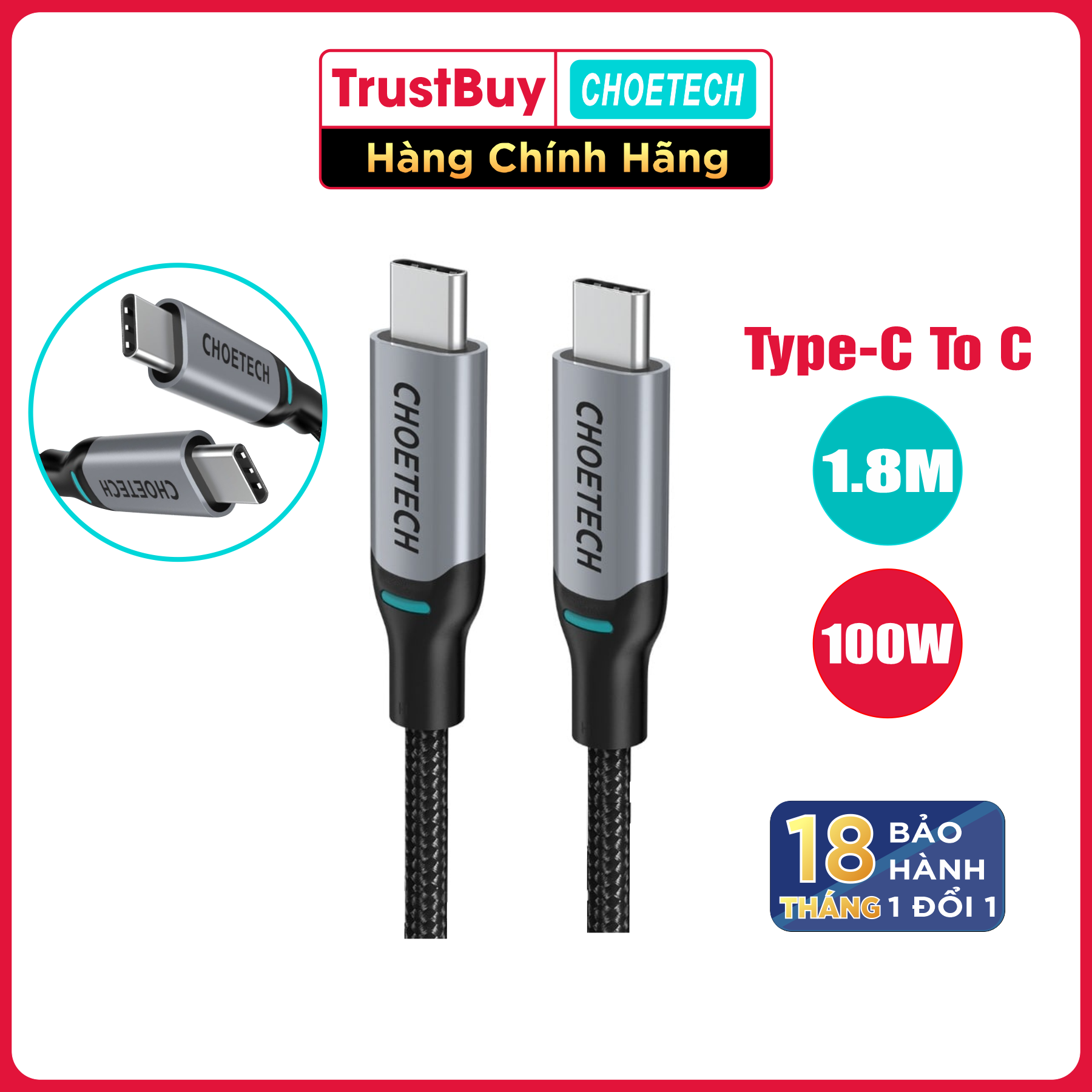 Dây Cáp Sạc Nhanh USB Type C to Type C 100W Dài 1.8M Chuyên Sạc iPhone 15, Macbook, Laptop, Smartphone CHOETECH XCC-1002-GY - Hàng Chính Hãng