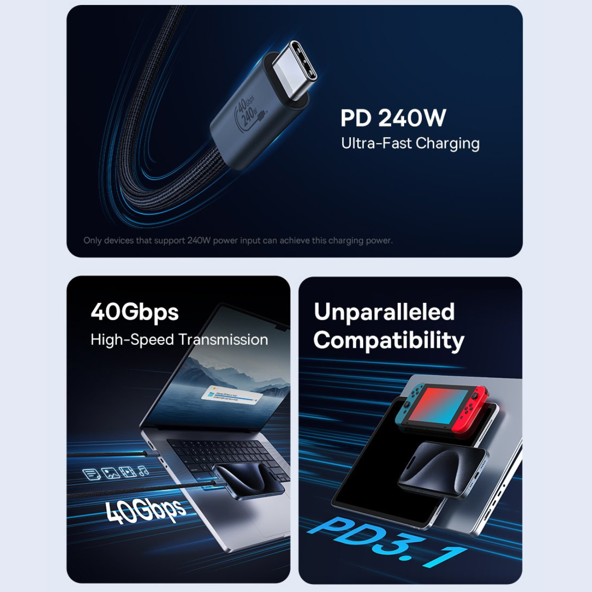 Cáp sạc nhanh và hỗ trợ truyền tải video Type-C to Type-C Baseus Flash Series 2 USB4 Full Featured Data Cable 40Gbps 240W 8K/60Hz - Hàng chính hãng