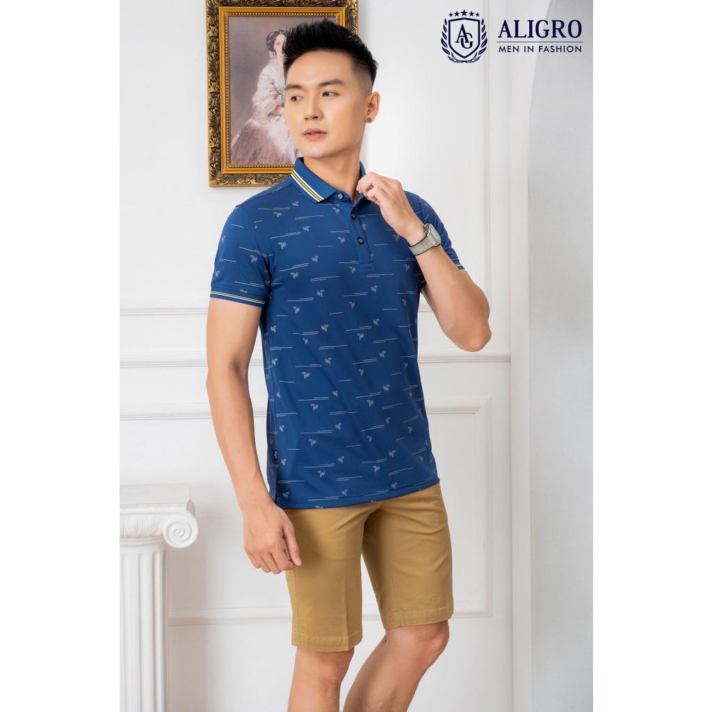 Áo polo, áo phông, áo thun cổ bẻ nam màu navy in thân Aligro chất liệu cotton, không xù, không bám dính ALGPLO68