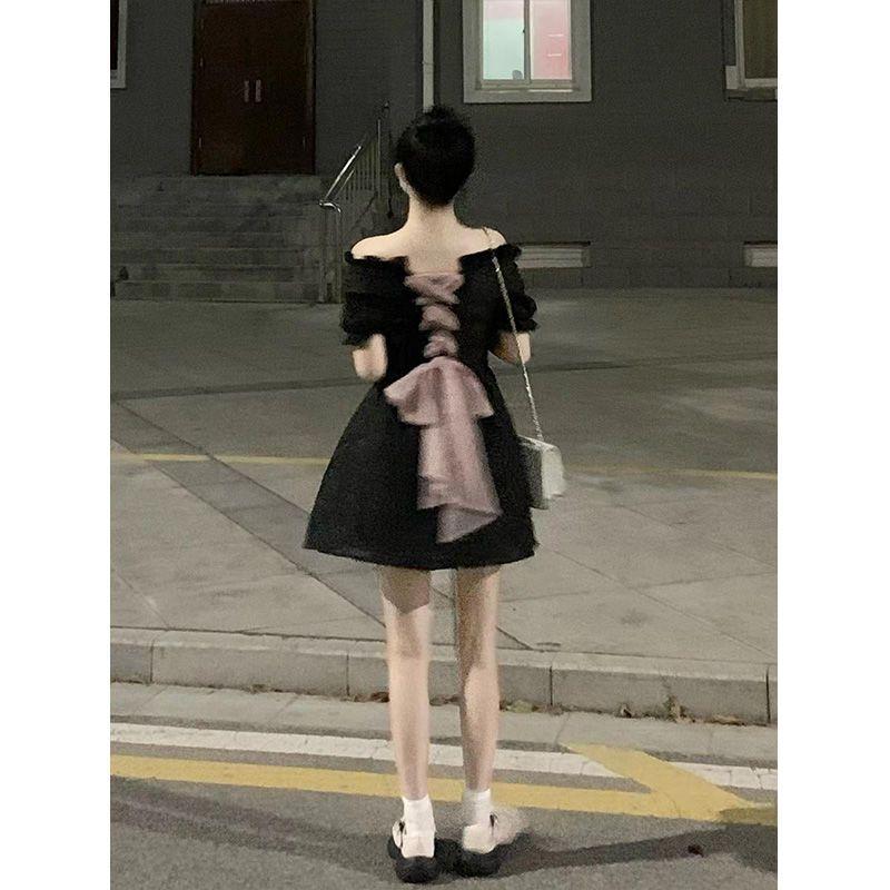 DIYIWEI Pháp vuông cổ ren-up lớn bowknot váy thắt lưng hiển thị gầy một chữ công chúa váy ngắn bong bóng tay áo mùa hè nhỏ