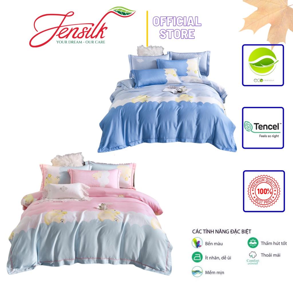 Bộ chăn ga gối 4 món cao cấp 100%Tencel 100s, họa tiết hoạt hình Pooh phối 2 màu, cực kỳ dễ thương cho bé