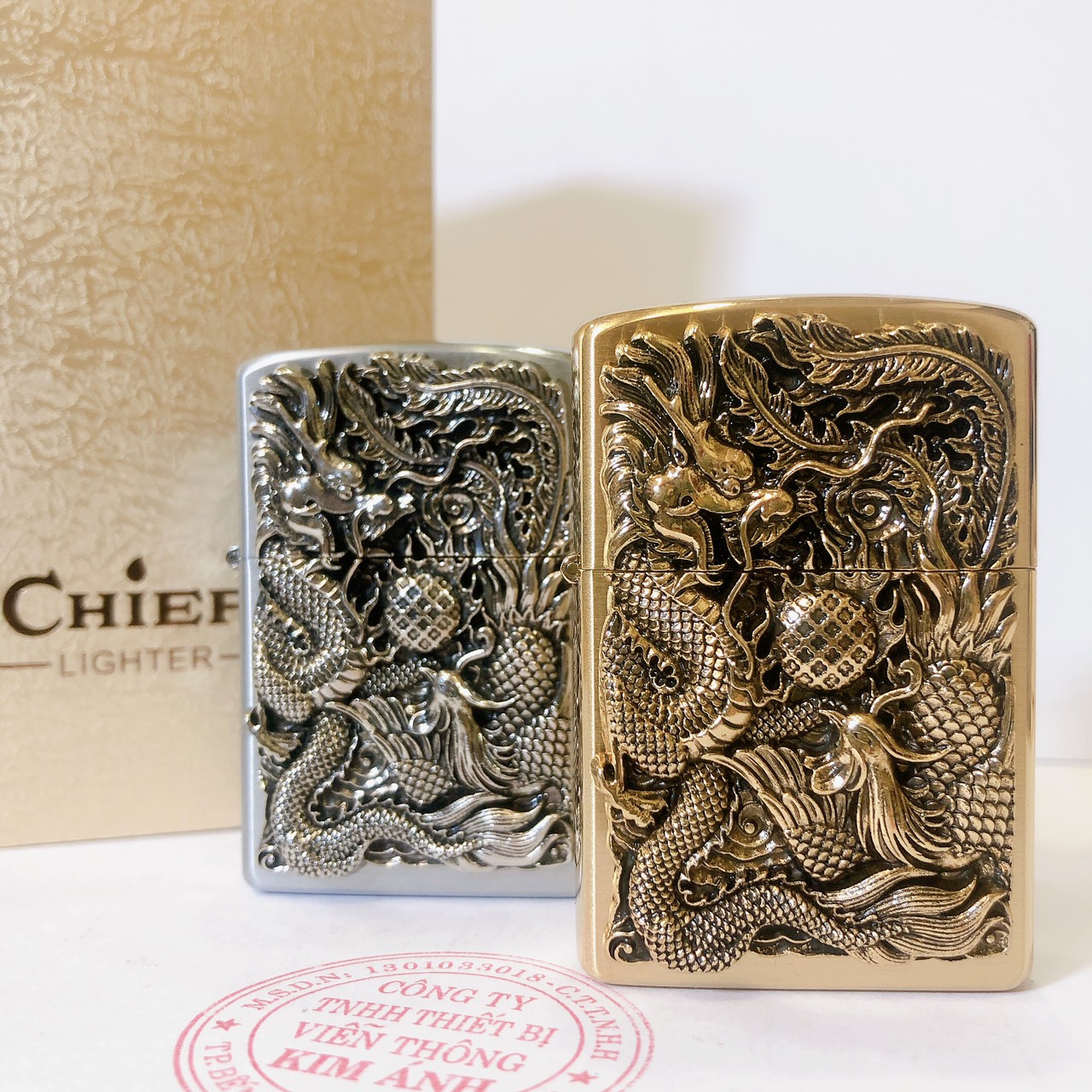 Hộp quẹt, bật lửa Chief đồng nguyên chất chủ đề Long Phụng Giao Tranh, hàng loại 1 cao cấp vỏ bằng đồng