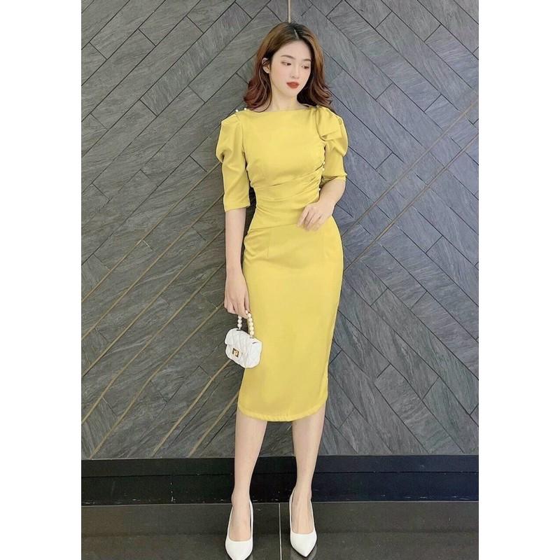 Đầm body trơn thần thánh tay phồng đính cườm cực sang chảnh