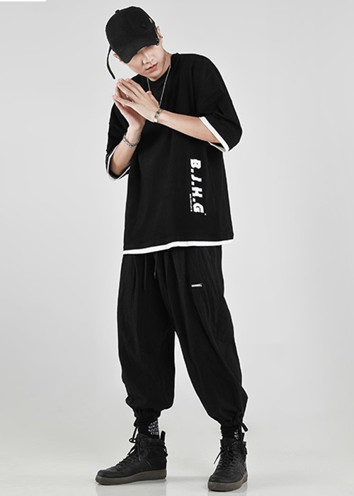 Áo thun nam form rộng unisex tay lỡ in chữ BJHG, chất thun cotton dày dặn thấm hút mồ hôi, thời trang trẻ, phong cách Hàn Quốc – Đen – M