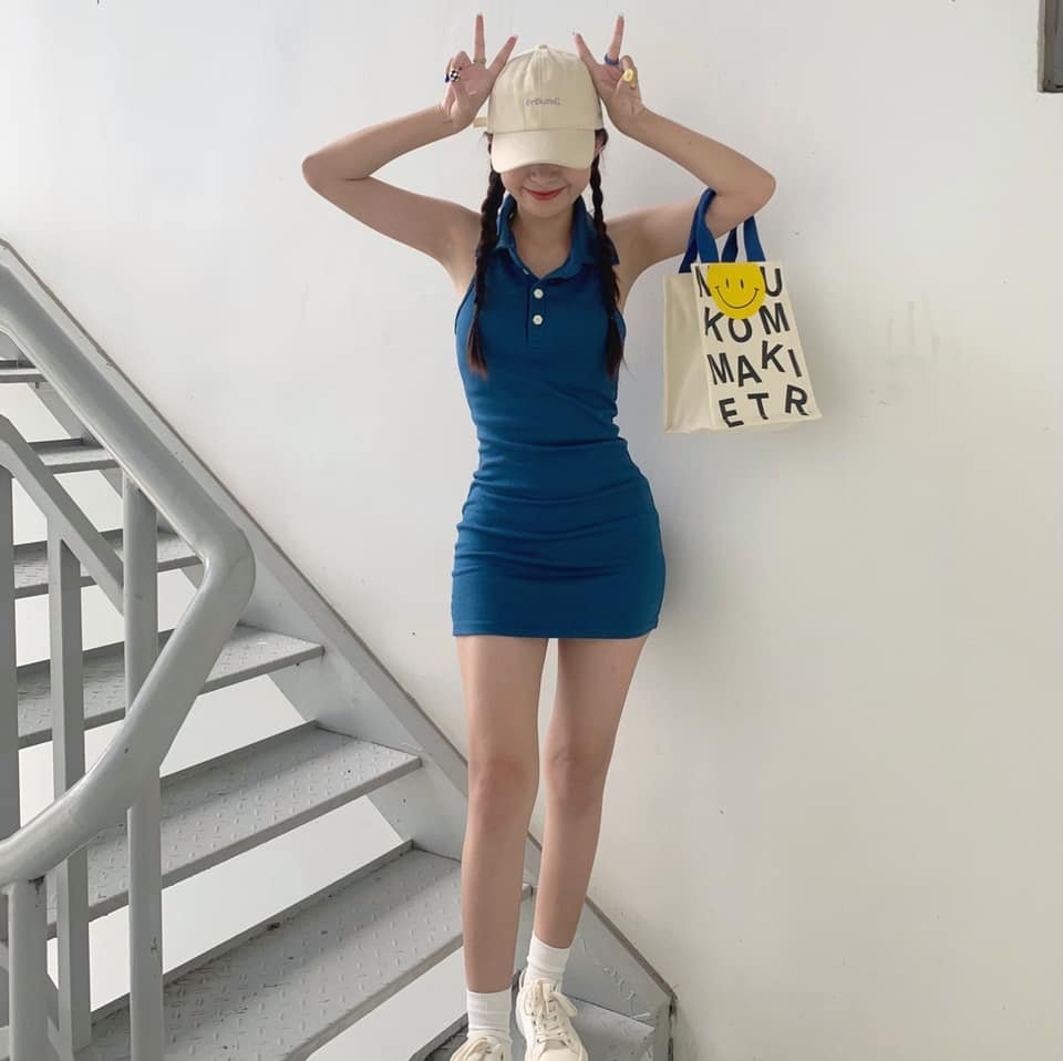 Đầm body thun ôm dáng cổ polo xanh dương năng động cá tính vải thun gân thời trang dành cho nữ carrotxinhdep