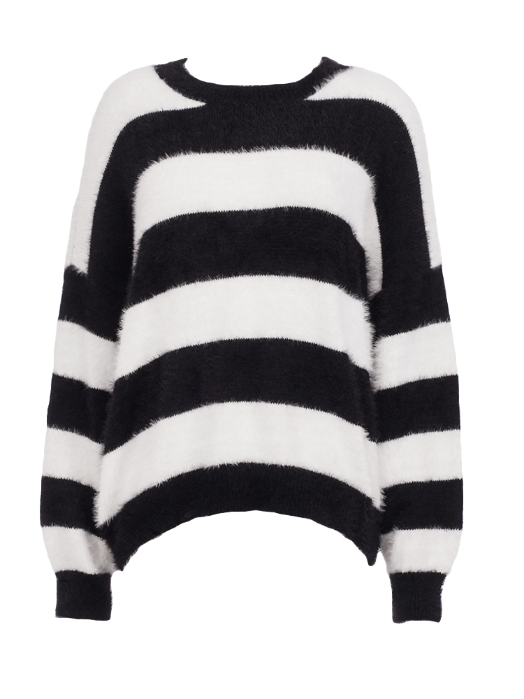 Fashion Women Winter Striped Fluffy Knitted Sweater Splicing O Neck Long Sleeve Casual Sweet Warm Pullover Knitwear