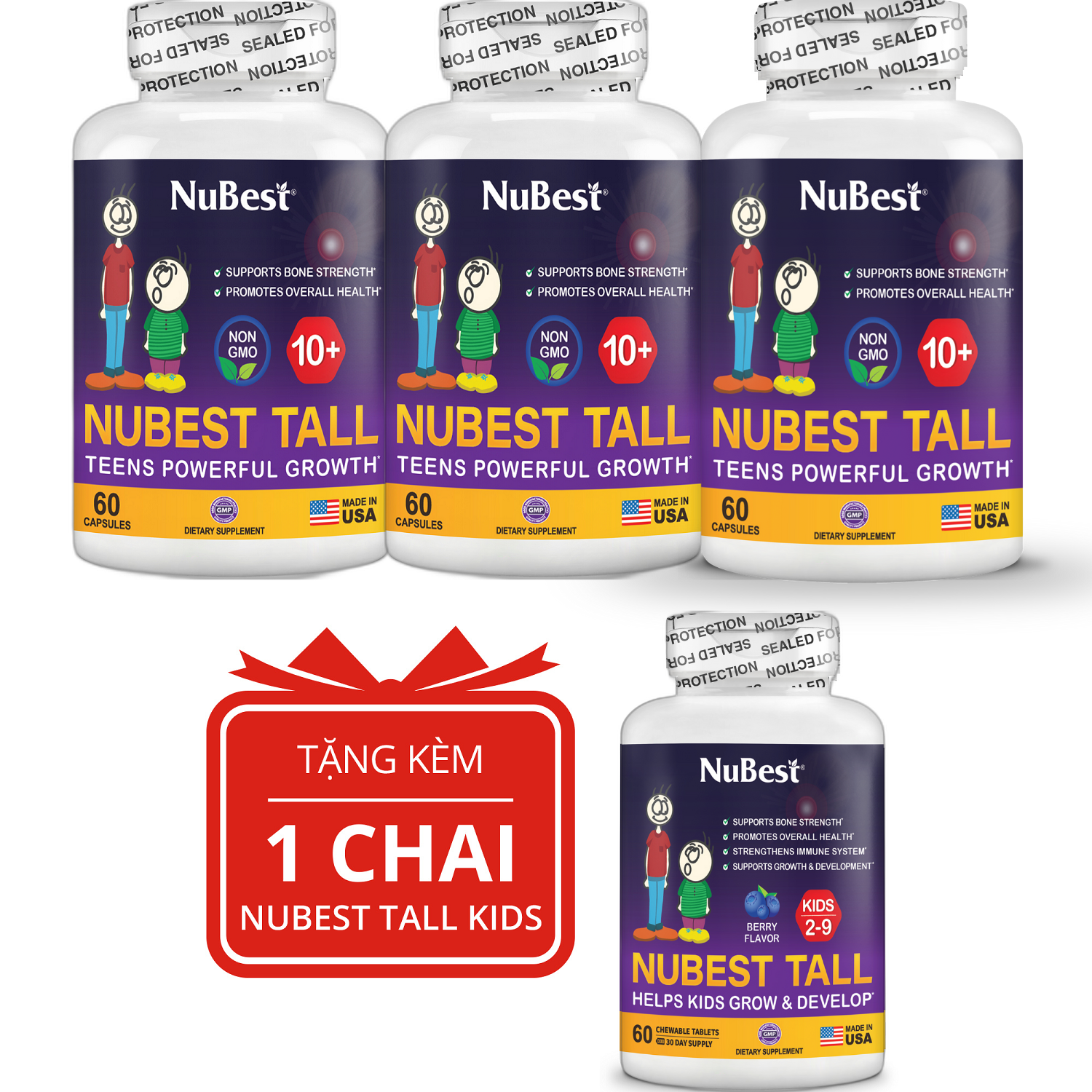 [Combo 3 tặng 1] TPBVSK hỗ trợ Tăng Chiều Cao 3 NuBest Tall 10+ (Trên 10 Tuổi) tặng 1 NuBest Tall Kids (Từ 2-9 Tuổi)