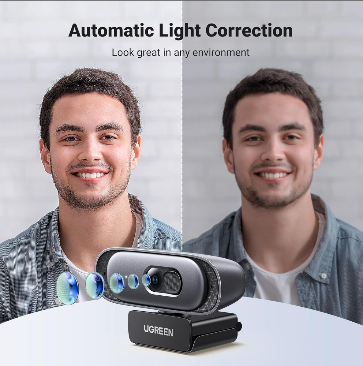 Webcam cho PC Ugreen 35626, Webcam tự động lấy nét hỗ trợ 2K@30Hz, Full HD 1080p@60fps, Micro kép - Hàng Chính Hãng