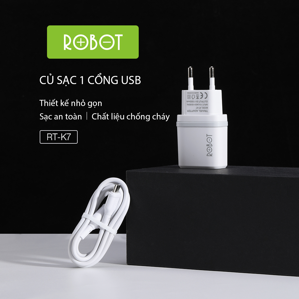 Cốc Sạc ROBOT RT-K7 Kèm Cáp Micro 1m Kích Thước Nhỏ Gọn Tương Thích Nhiều Thiết Bị iPhone Android - Hàng Chính Hãng