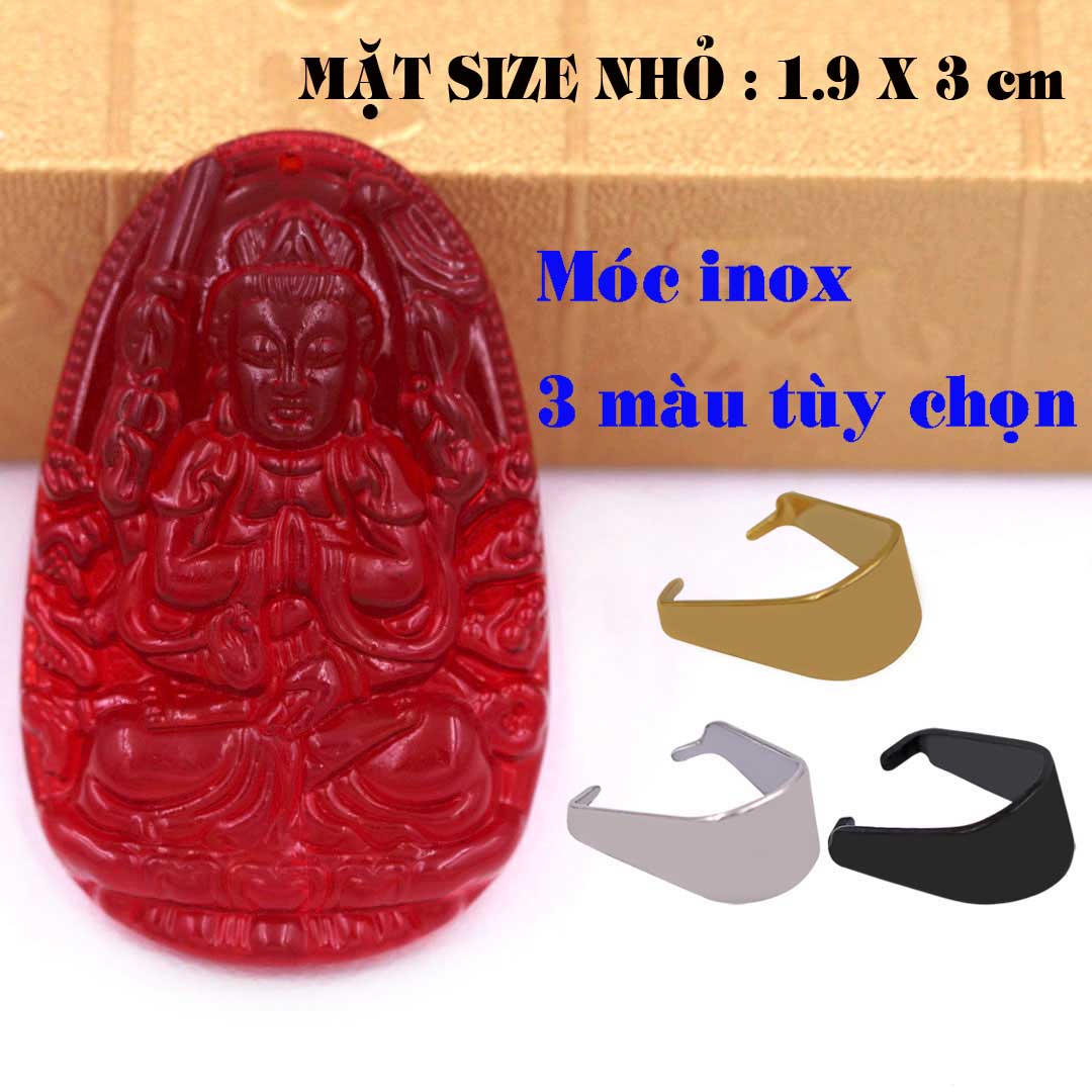Mặt Phật Thiên thủ thiên nhãn pha lê đỏ 1.9cm x 3cm  kèm móc dây chuyền inox vàng, Phật bản mệnh, mặt dây chuyền Phật giáo