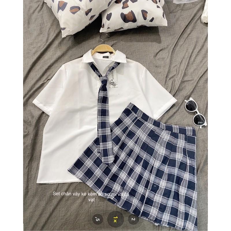 SET CHÂN VÁY KẺ KÈM ÁO SƠ MI