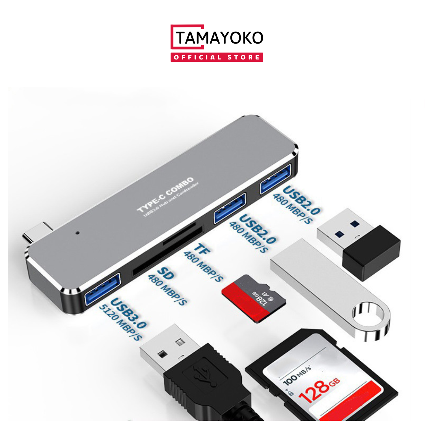 Hub Chuyển Đổi Type C to TF/SD/USB 3.0/USB 2.0- Hàng Chính Hãng Tamayoko