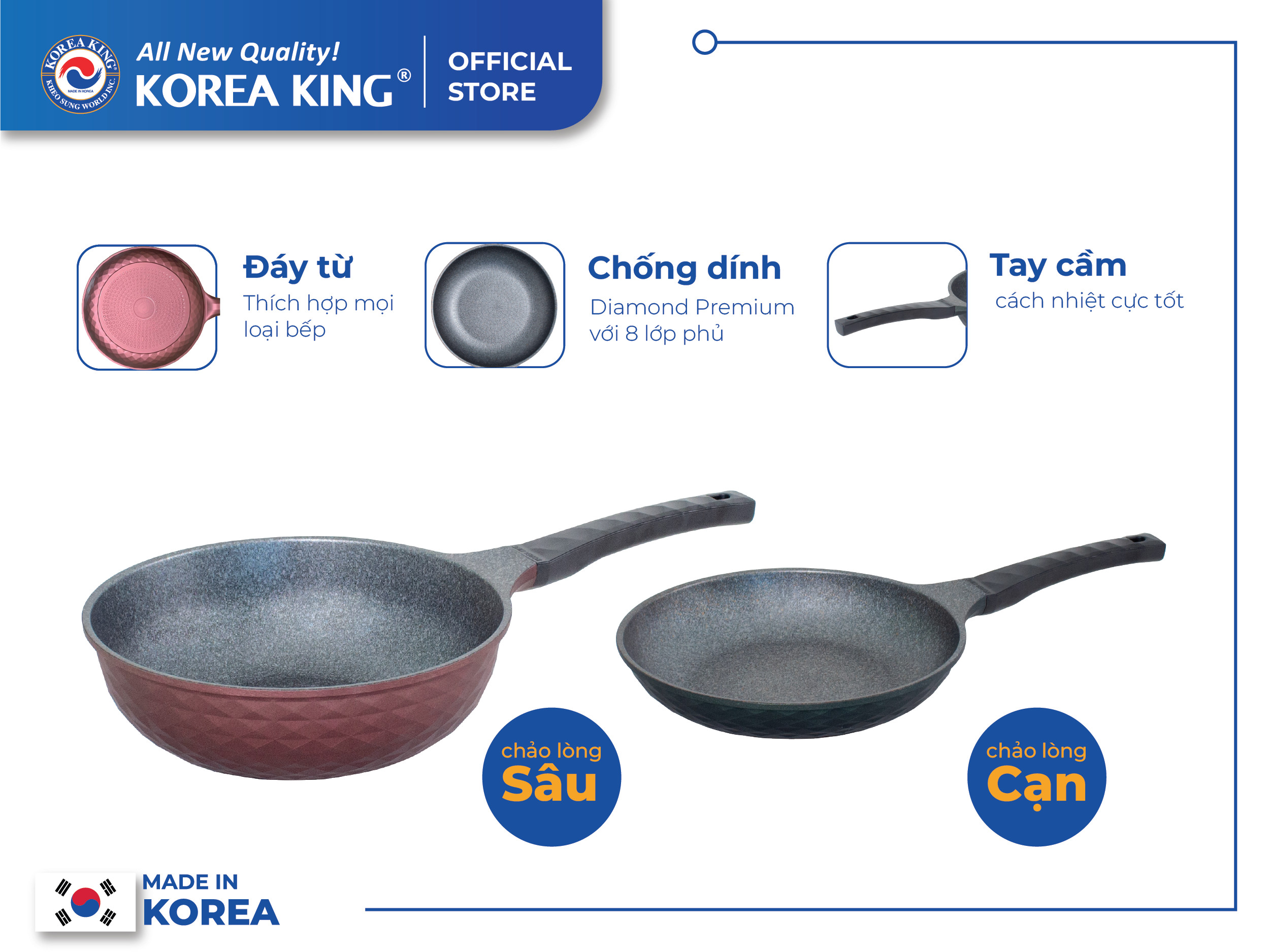 Combo 2 chảo sâu, cạn Diamond Premium Korea King(1 Chảo cạn 20cm và 1 Chảo sâu 28cm)-Hàng chính hãng