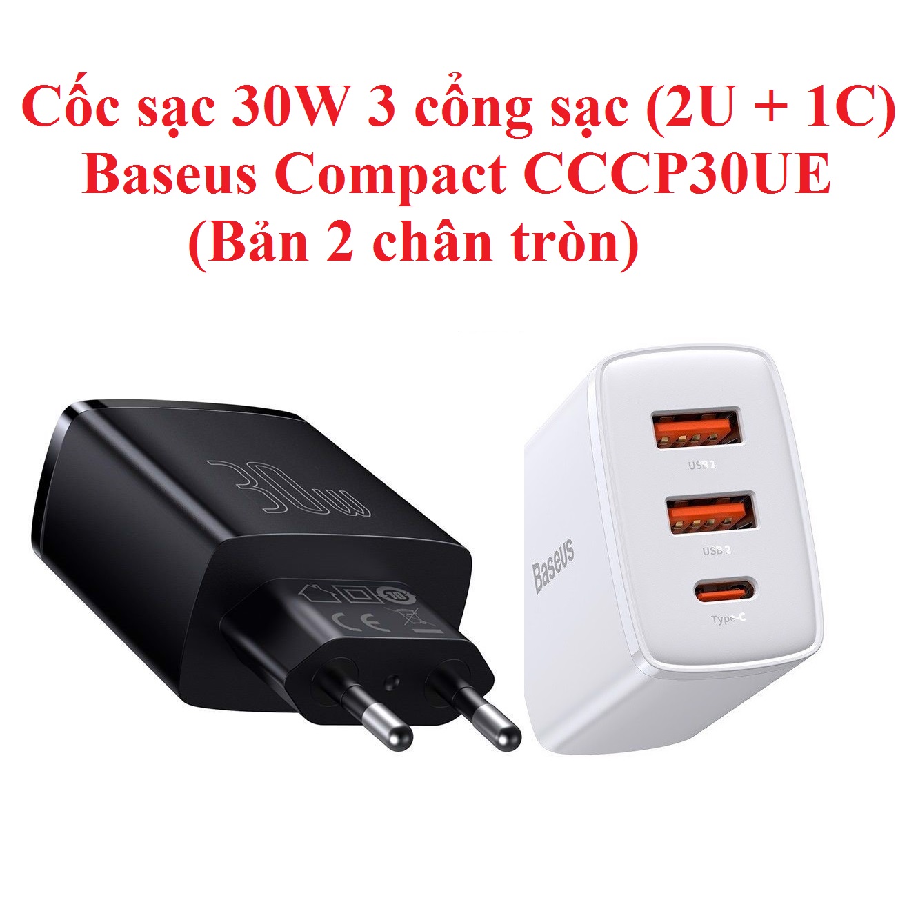 Củ sạc 30W 3 cổng (2U+1C) 2 chân cắm tròn Baseus Compact CCCP30UE - Hàng chính hãng