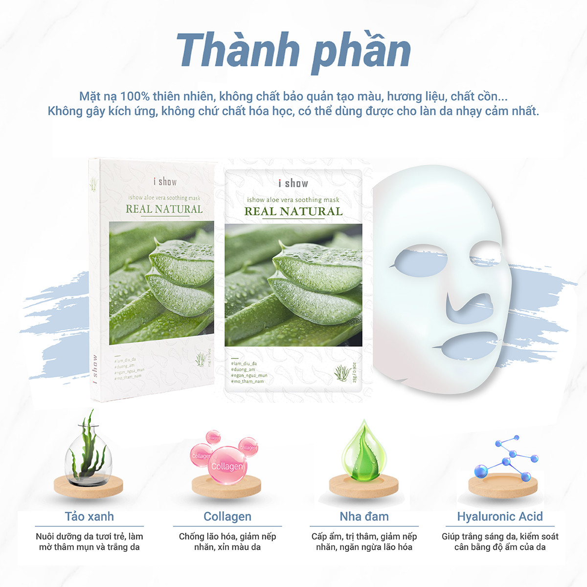 Mặt Nạ Dưỡng Ẩm, Ngừa Mụn Da Chiết Xuất Nha Đam ishow Aloe Vera Soothing Mask