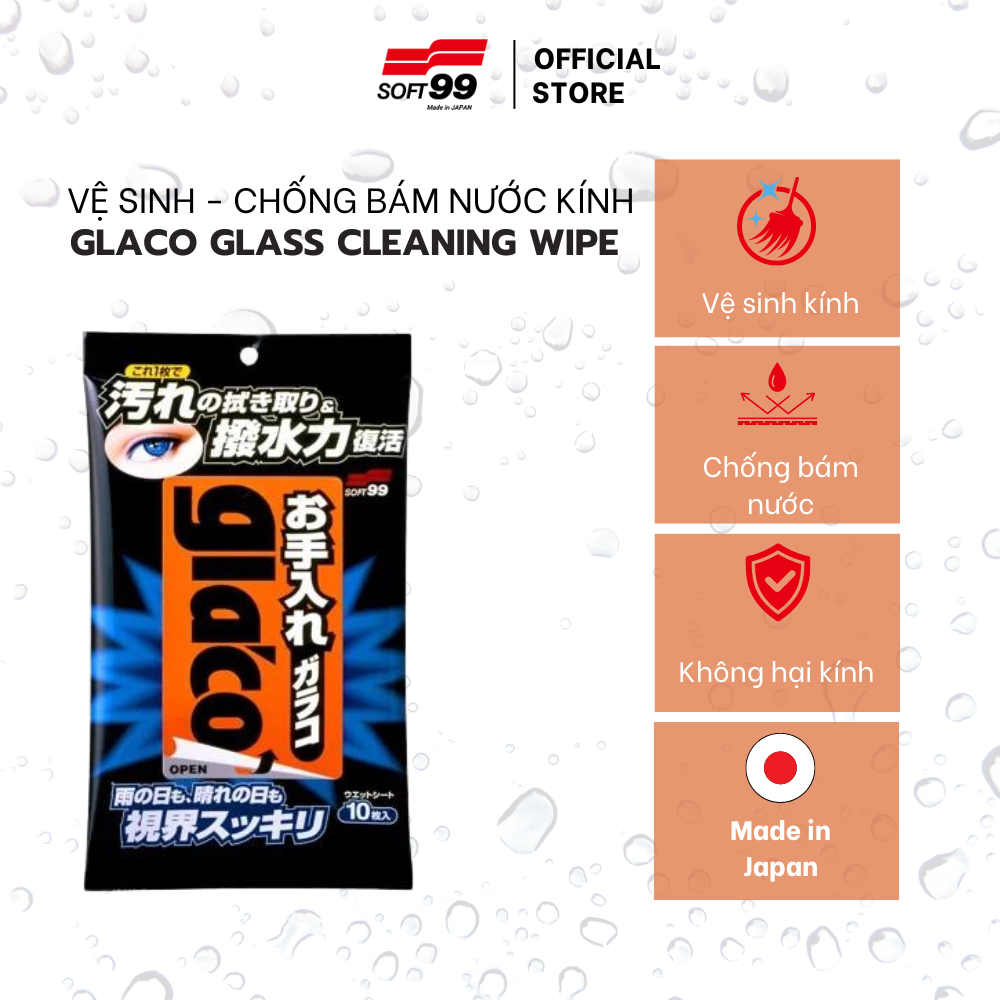 Khăn Vệ Sinh Kiêm Phủ Nano Kính Ô Tô Glaco Glass Cleaning Wipe G-34 Soft99 Japan (10 khăn/gói)