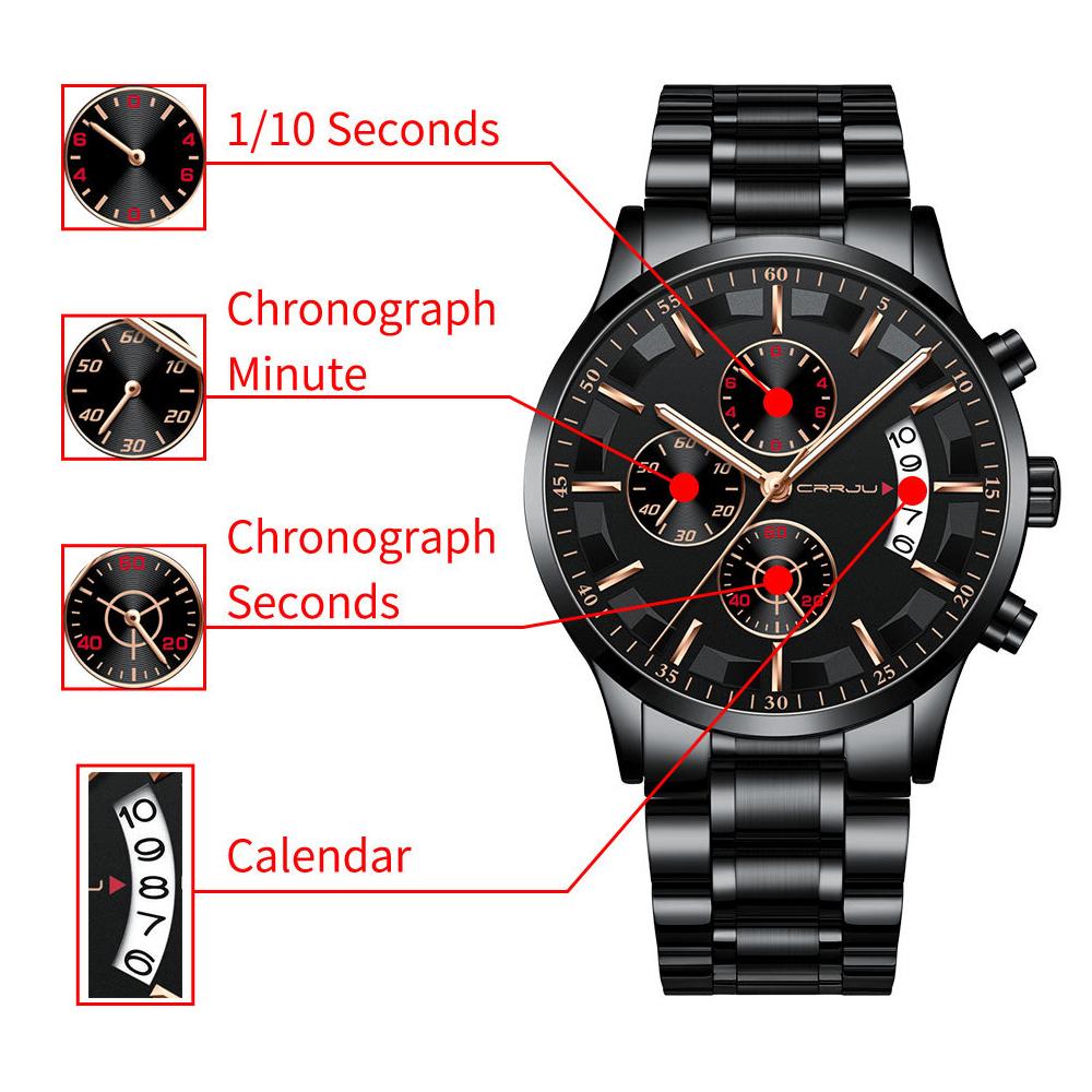 Đồng hồ đeo tay nam CRRJU 2261 Man Quartz phát sáng Chronograph-Vàng đen-Thép