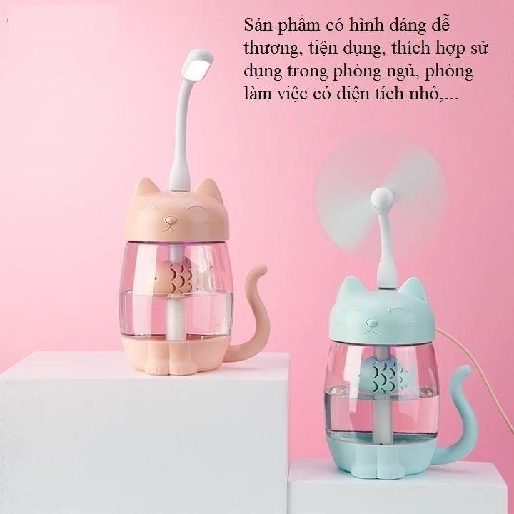 Mèo Máy Phun Sương 3in1 - Khuếch Tán Tinh Dầu & Phun Sương Tạo Độ Ẩm, Đèn Mini, Quạt Mini