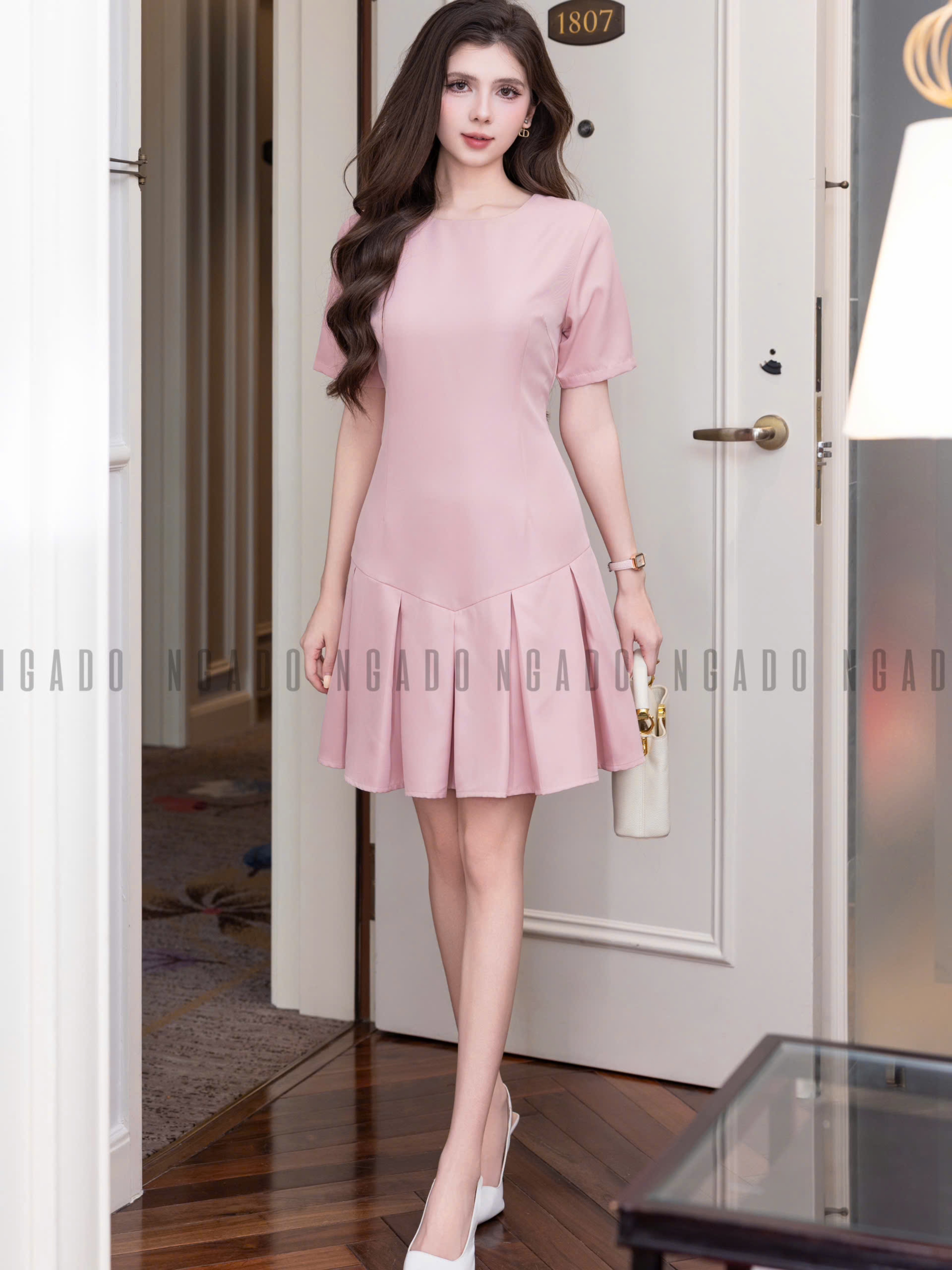 Đầm hồng suông dập ly NGADO , đầm suông , đầm kiểu Nữ , đầm công sở, dự tiệc