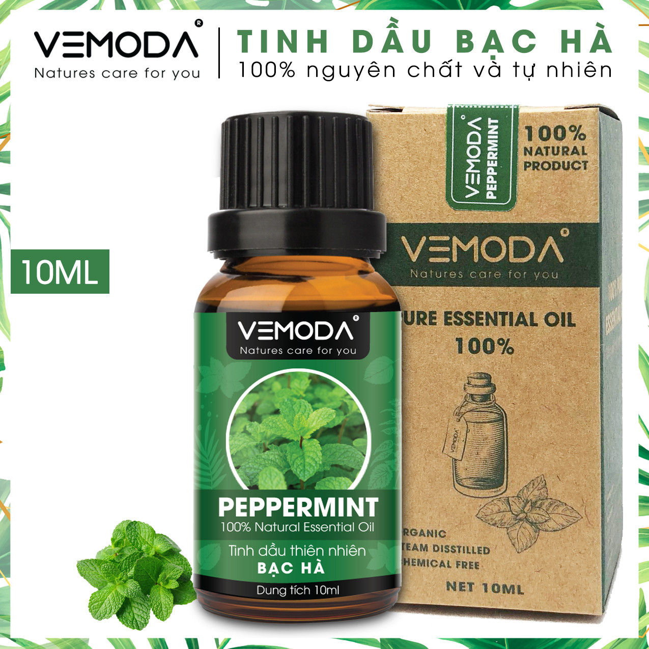 Tinh dầu Bạc hà cao cấp. Peppermint Essential Oil 10ML. Tinh dầu xông phòng giúp thư giãn, kháng khuẩn, giải cảm, xua đuổi côn trùng, chăm sóc răng miệng. Tinh dầu thơm phòng cao cấp Vemoda