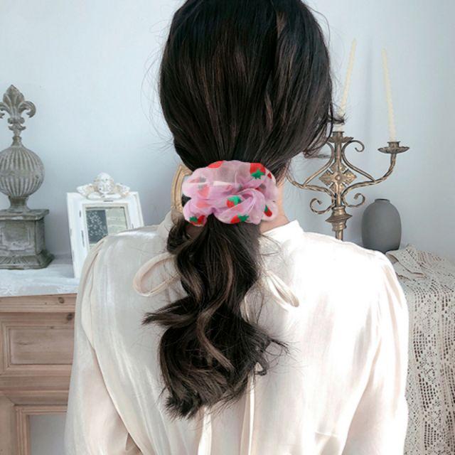 Dây Buộc Tóc, Cột Tóc Buộc tóc scrunchies voan phối họa tiết trái dâu