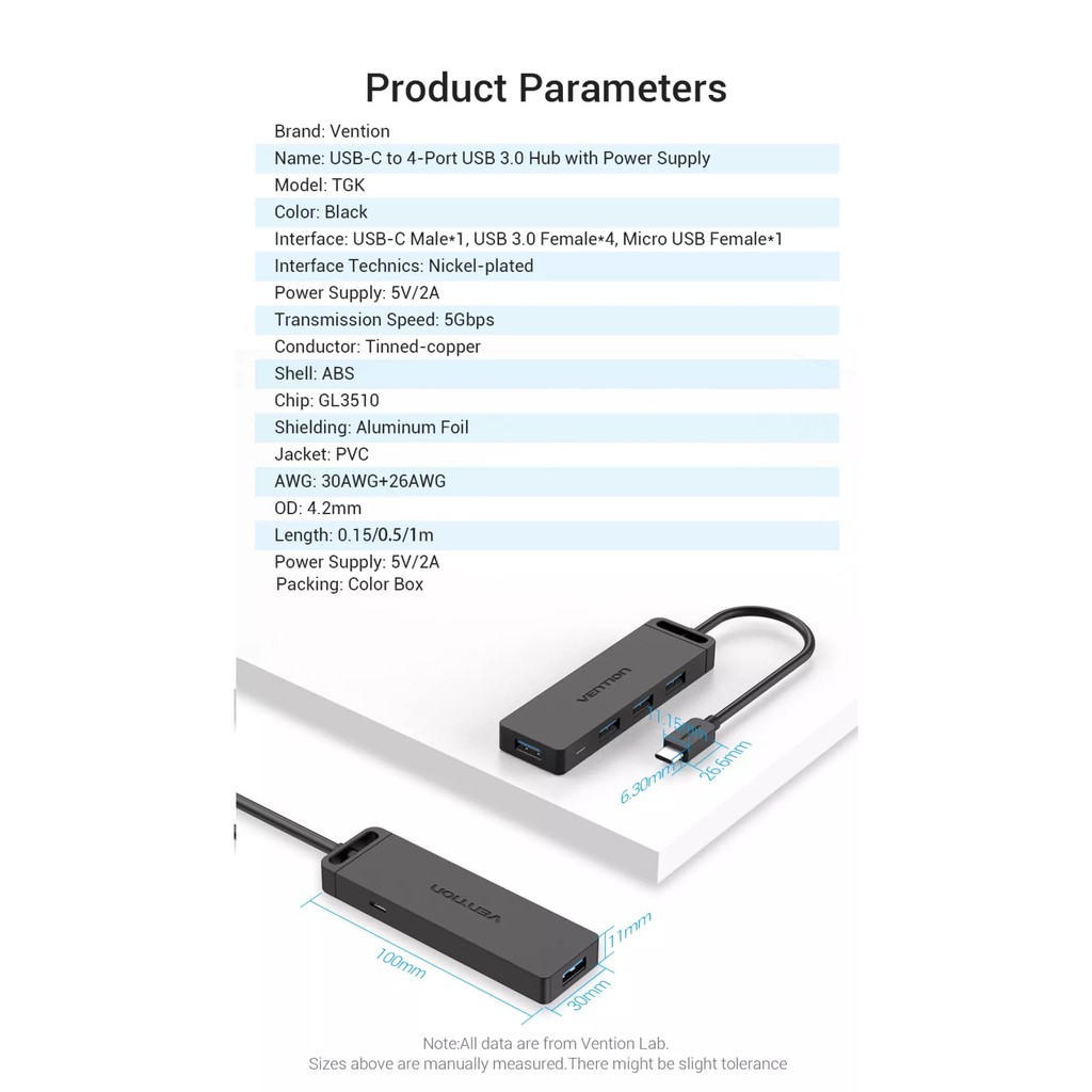 Hub / bộ chuyển cổng Type-C ra 4 cổng USB 3.0 Vention TGKBB - Hàng chính hãng