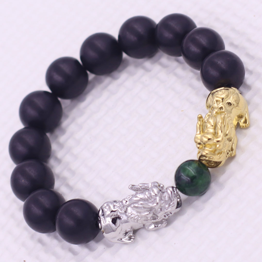 Vòng chuỗi đeo tay gỗ mun 12 ly charm tỳ hưu đôi inox trắng và vàng, vòng chuỗi phong thủy, charm tỳ hưu, vòng tay hạt chuỗi
