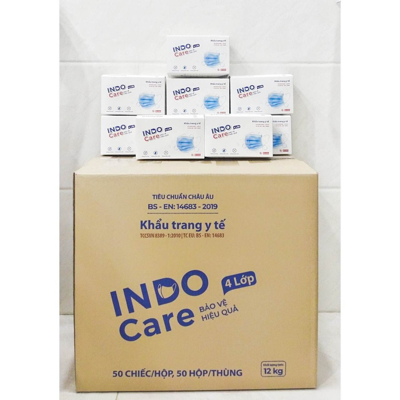 [InDoCare] Thùng 50 hộp Khẩu Trang Y Tế 4 Lớp Kháng khuẩn 99% INDO CARE. Tiêu Chuẩn Châu Âu BS EN 14683-2019. Chống tia UV ngăn ngừa mụn khói bụi hiệu quả