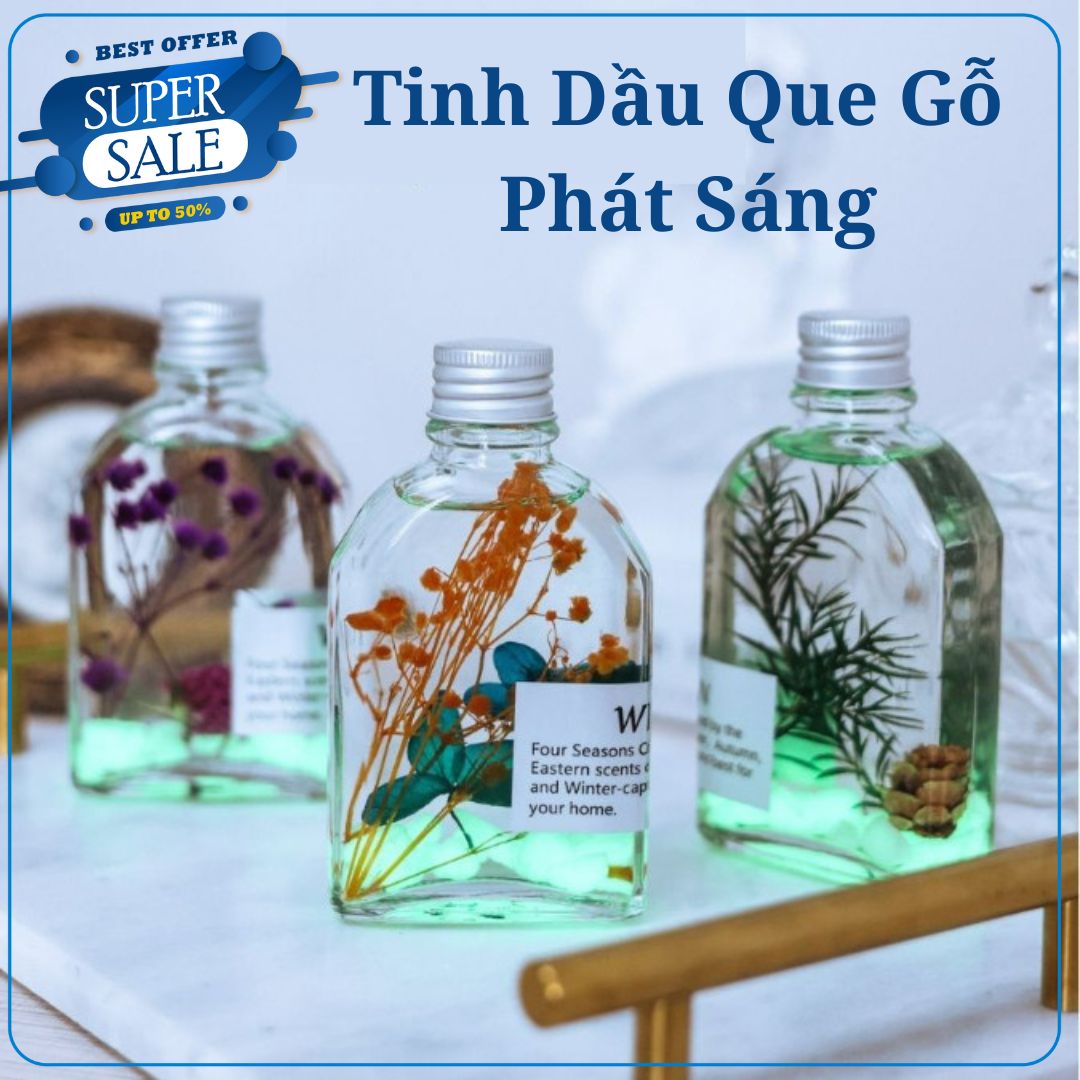 Tinh Dầu Thơm Phòng Que Gỗ Phát Sáng Ban Đêm, Lọ Khuếch Tán Xông Phòng, Khử Mùi Không Khí 100ml Chai Dẹt