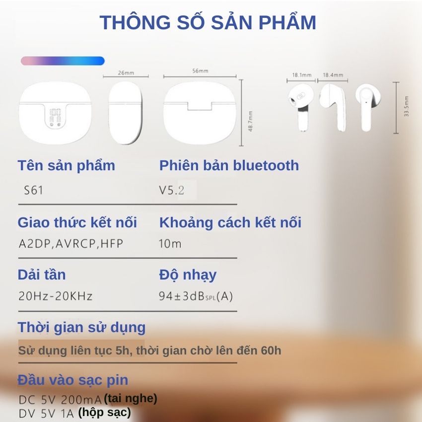 Tai nghe không dây bluetooth S61 TWS cao cấp cảm ứng chạm thông minh cực nhạy - Tai nghe True Wireless ENC chống nước IPX5, màn hình kỹ thuật số, giảm tiếng ồn kép