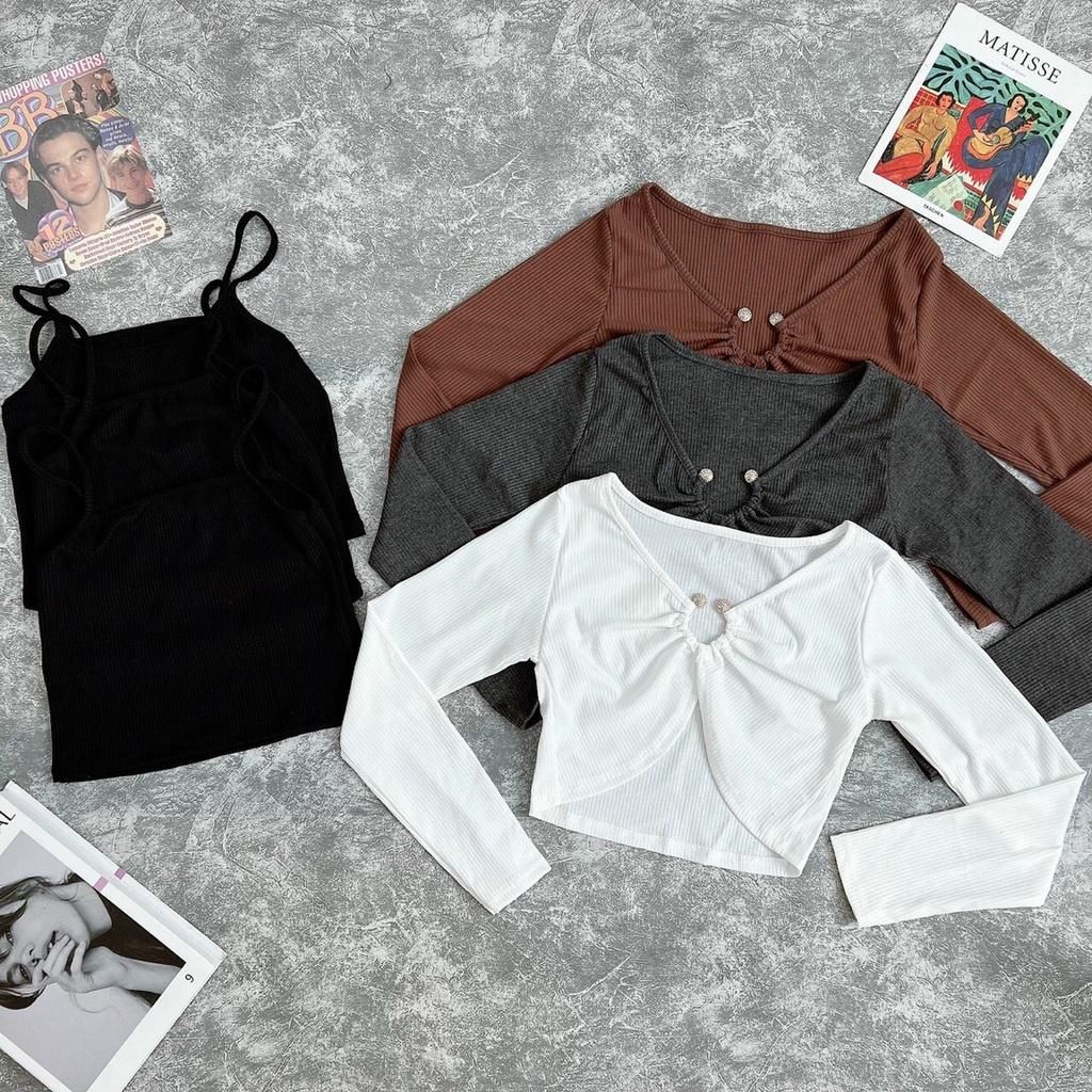 Set áo croptop tay dài phối phụ kiện tặng kèm áo hai dây trong chất thun gân tăm