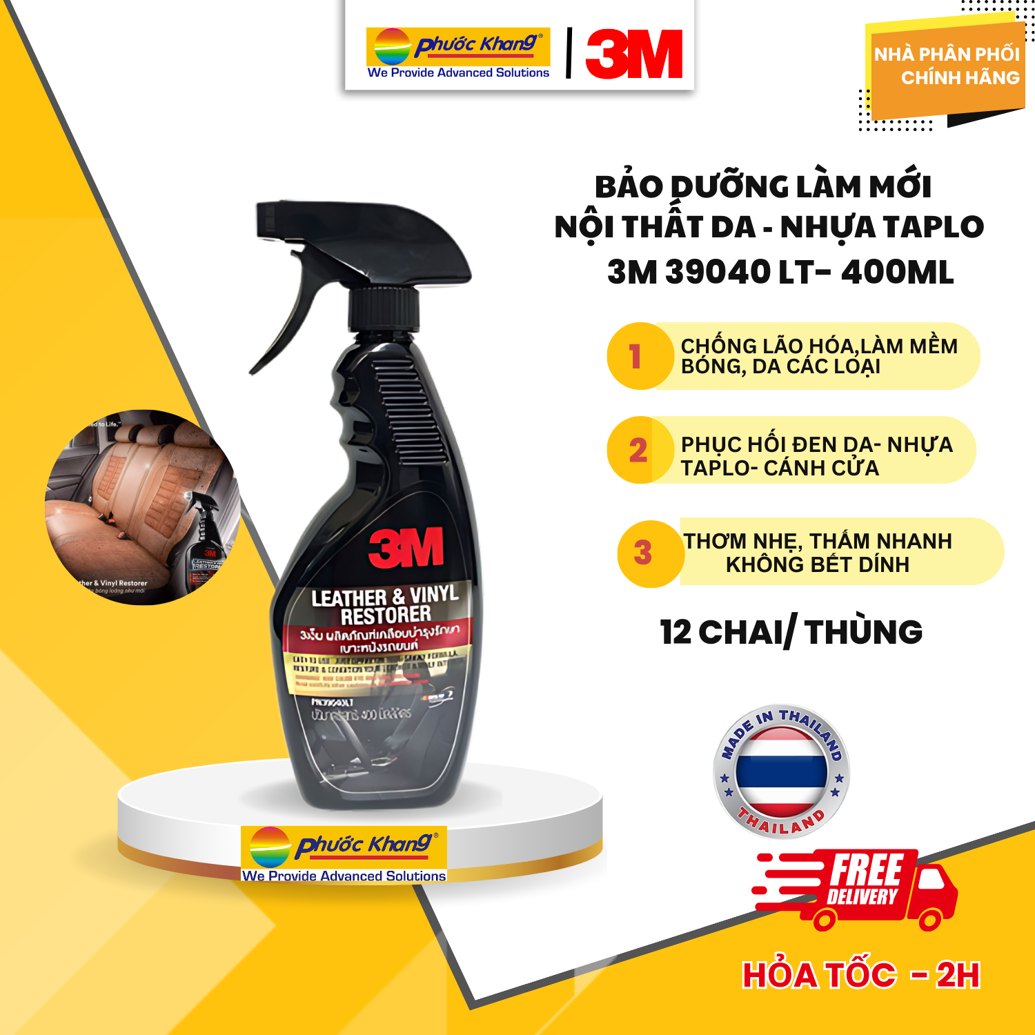 Chai xịt chăm sóc và làm mới nội thất da, nhựa  taplo ô tô 3M 39040LT 400ml - Hàng Nhập khẩu 3M Thái Lan