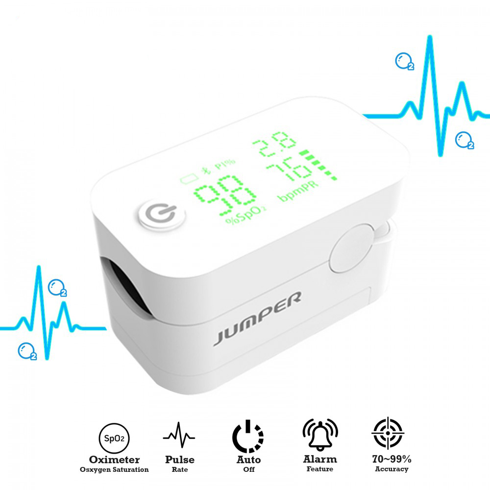 Máy đo nồng độ oxy máu SpO2, PR, PI Jumper JPD-500G (FDA Hoa Kỳ + xuất USA), Kết nối Bluetooth APP mobile, màn hình LED - Phiên bản màu Trắng