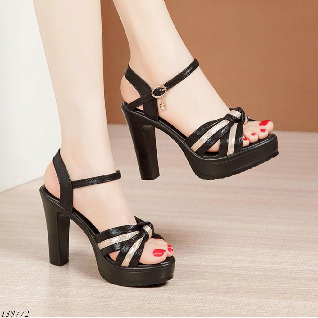 Giày sandal đế xuồng nữ 10cm,giày da xăng-đan cao gót cô dâu mix quai 10 phân vàng đen nhiều màu siêu nhẹ