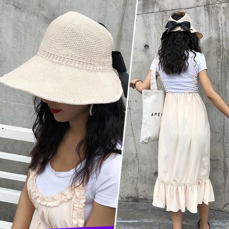 Mũ cói, nón cói mềm hở chóp nơ sau siêu xinh