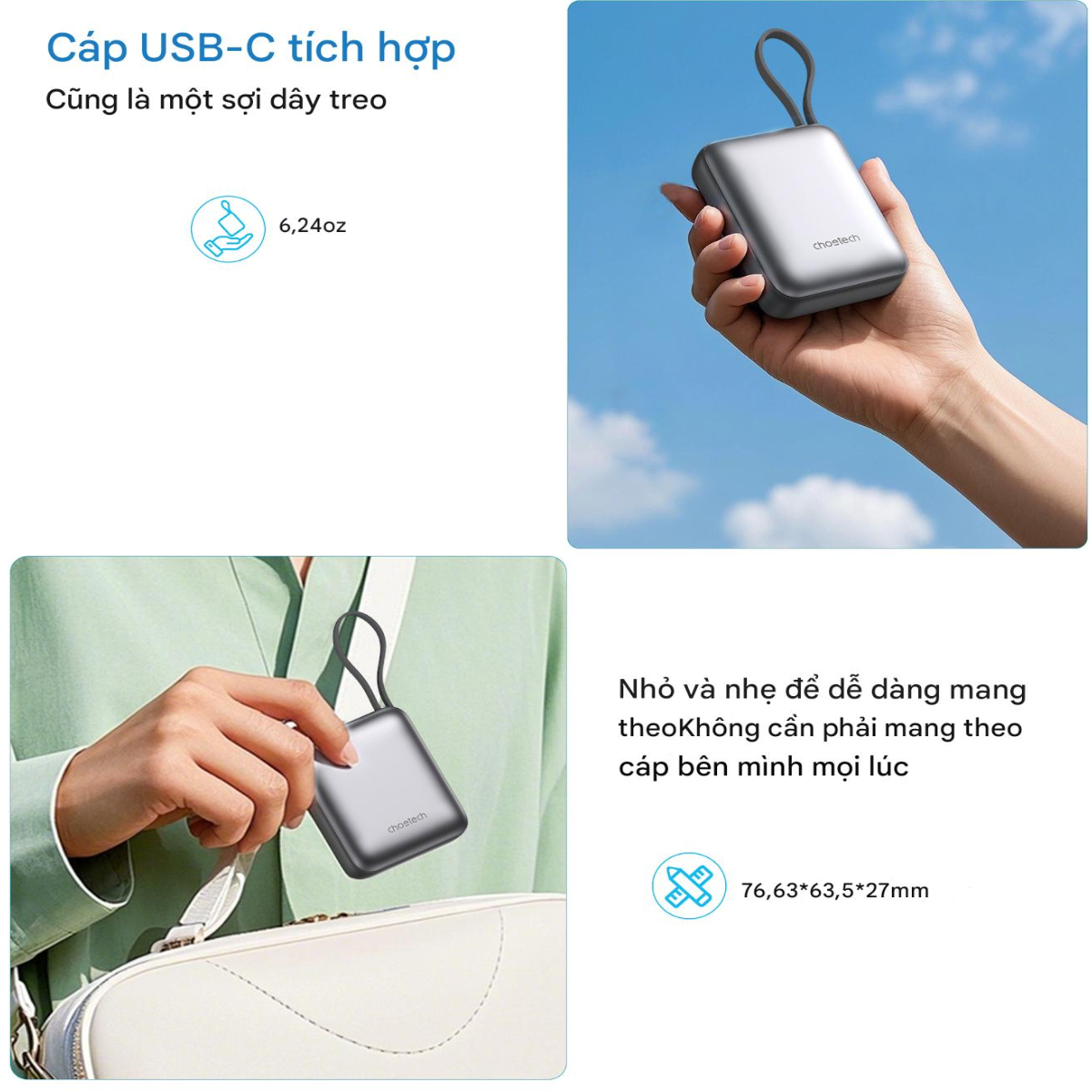 Pin dự phòng sạc nhanh công suất 35W Choetech B832 dung lượng 10000mAh tích hợp cáp sạc Type C (Hàng chính hãng)