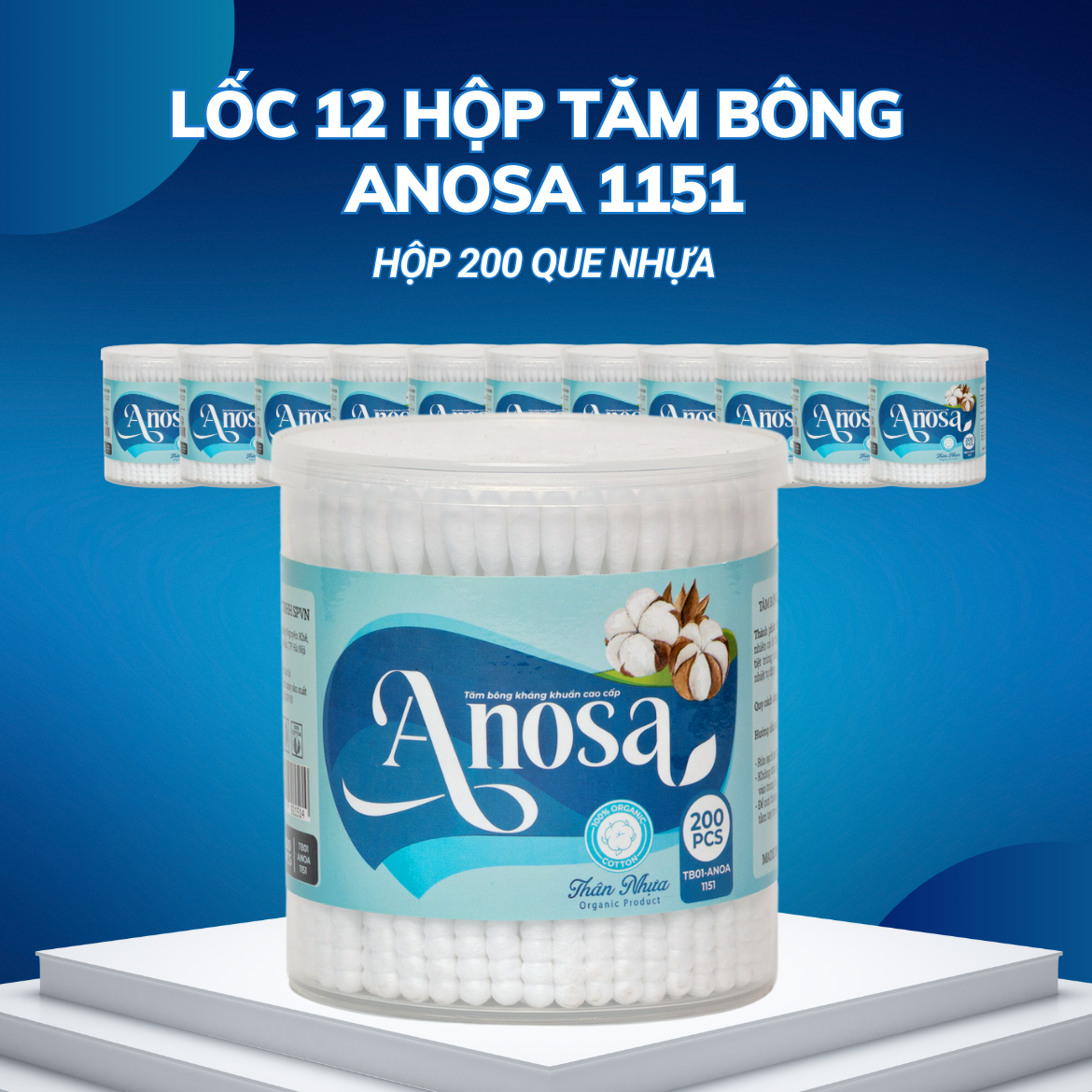 Lốc 12 hộp Tăm bông Anosa người lớn thân nhựa hộp 200 que TB01-1151