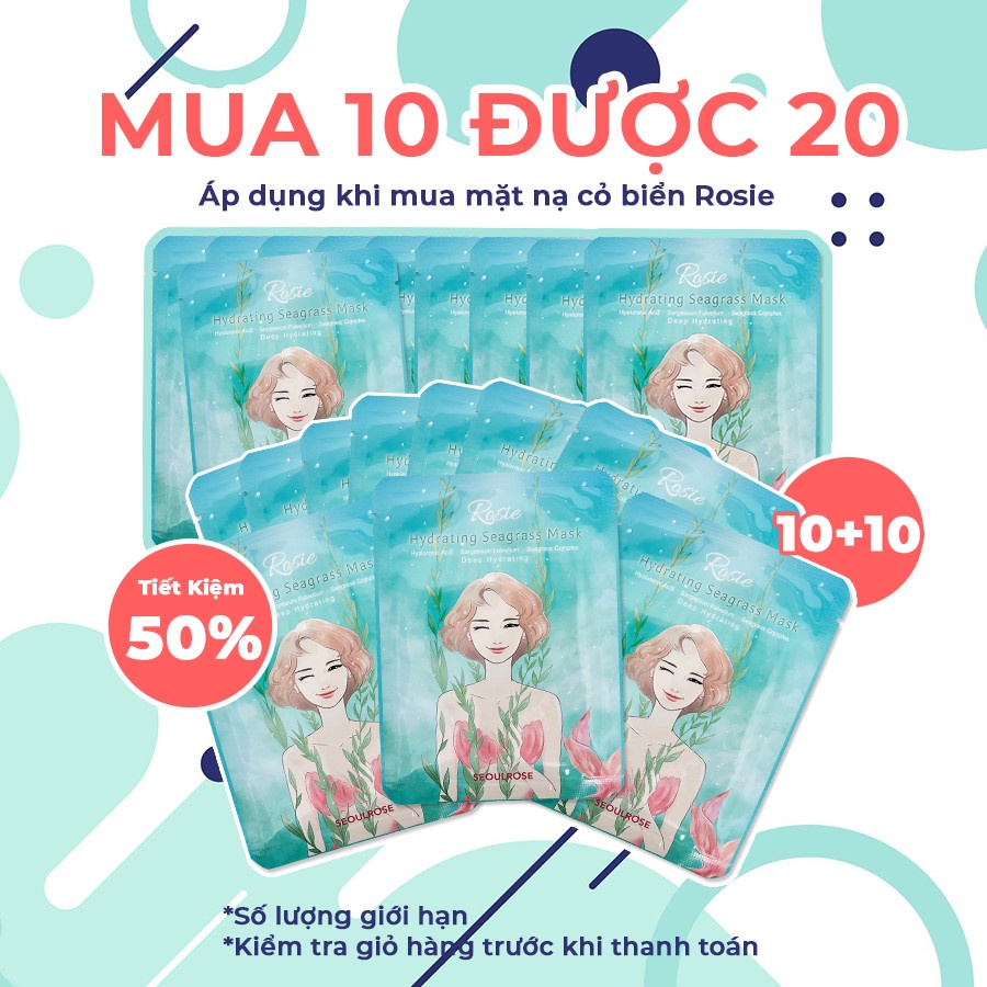 Combo Mua 10 Tặng 10 Mặt Nạ Giấy Chiết Xuất Từ Cỏ Biển Seoulrose Rosie Hàn Quốc.