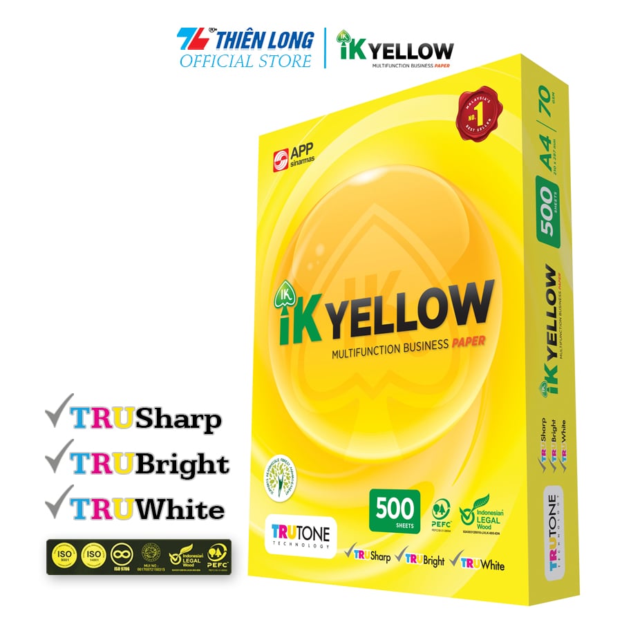 Combo 5 Ream giấy IK Yellow đa năng A4 70 gsm (500 tờ) - Hàng nhập khẩu Indonesia