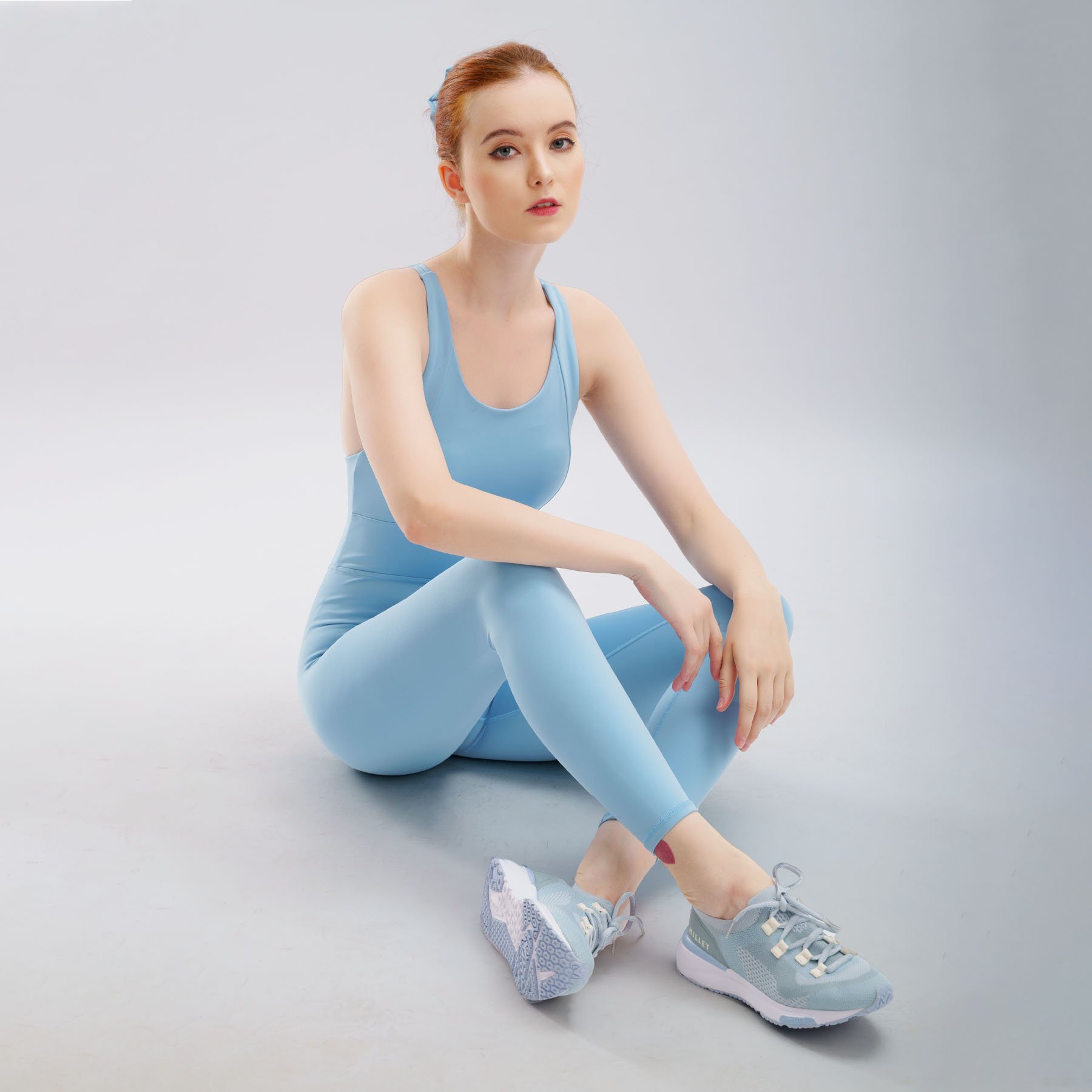 Bộ tập yoga gym Jumpsuit Hibi Sports J602 4 dây đan màu Xanh Sky kèm mút ngực, chất vải cao cấp Lu Fabric