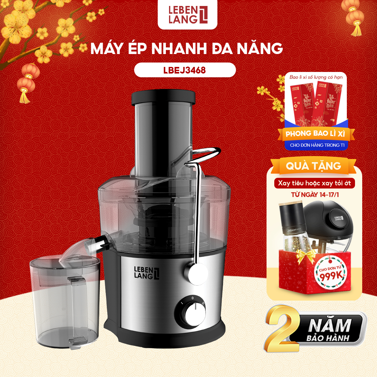 Máy ép trái cây rau củ LEBENLANG công suất cực mạnh 800W, dung tích lớn 1100ml, model LBEJ3468 - hàng chính hãng