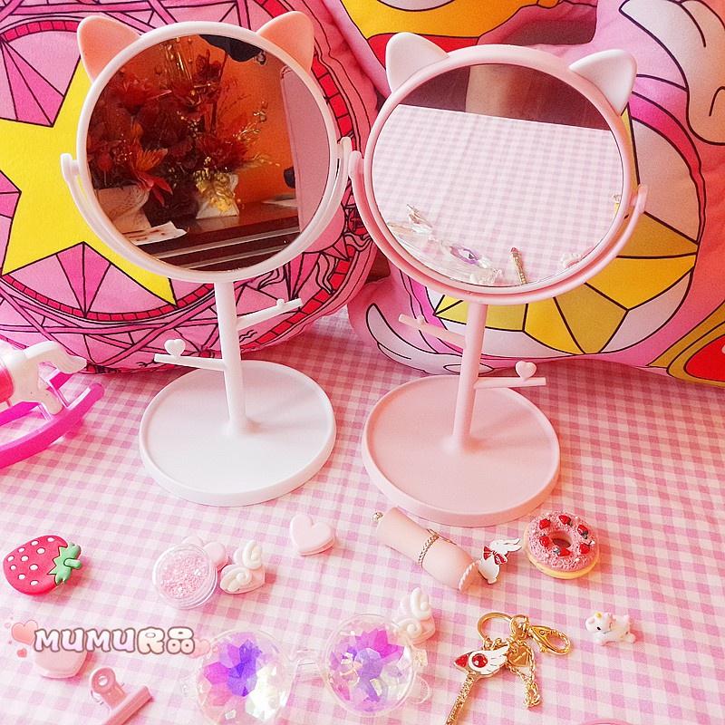 Gương để bàn trang điểm tai mèo cute phong cách Hàn Quốc dễ thương PINK CAT