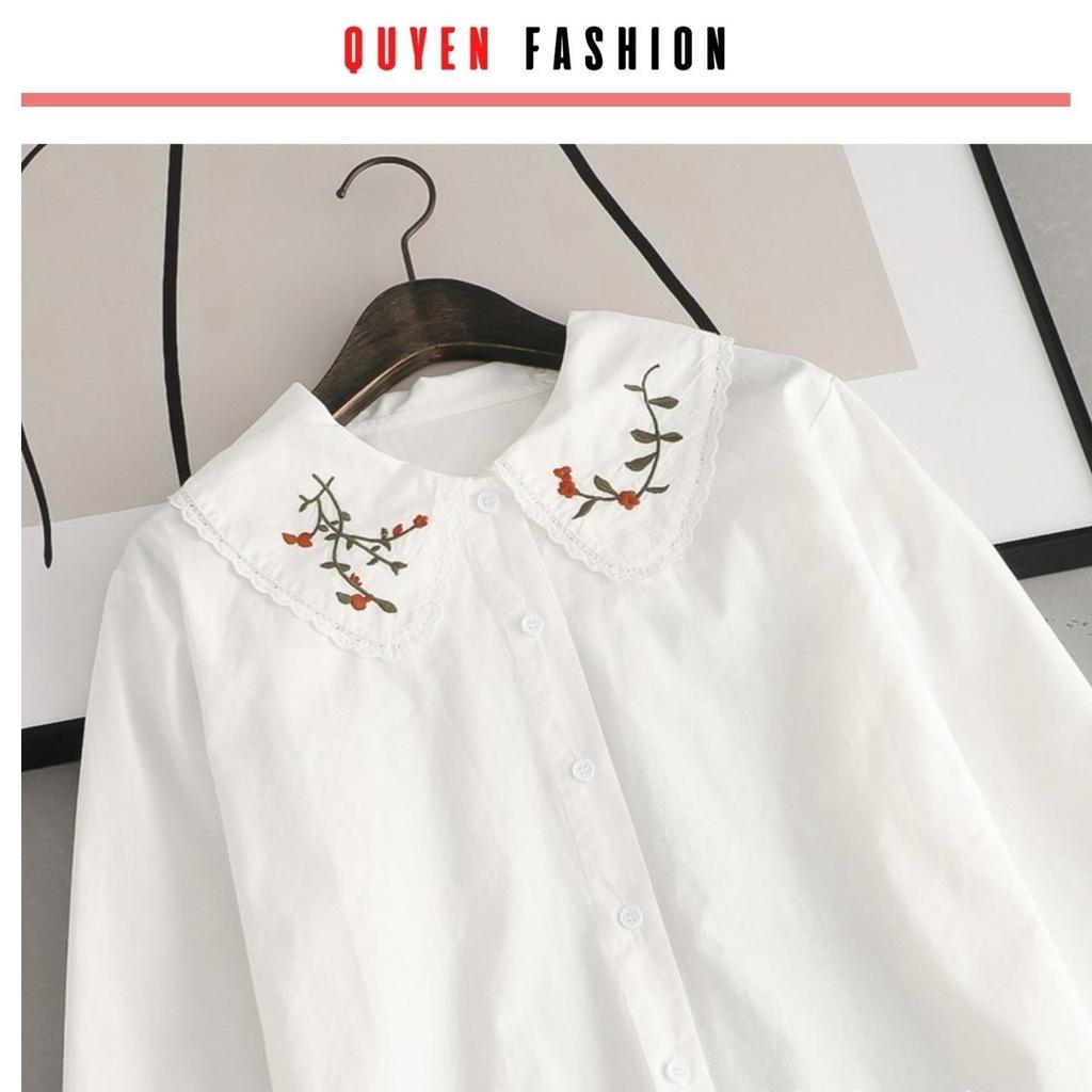 Áo sơ mi cổ thêu hoa công sở Quyên Fashion AA555 màu trắng tay tiểu thư