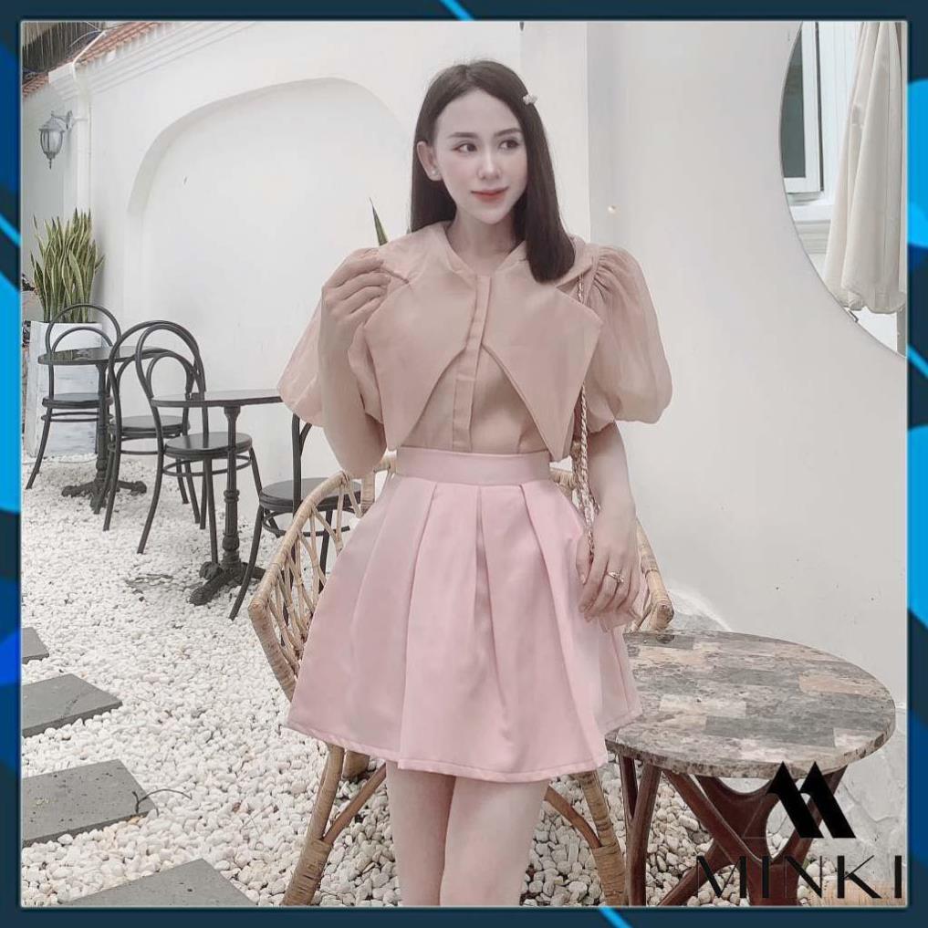 SET ÁO CỔ NHỌN VÀ CHÂN VÁY XẾP LY - CHẤT LIỆU TƠ CAO CẤP - MÀU HỒNG