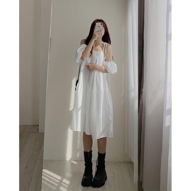 Váy 2 Dây Buộc Vai 2 Lớp Kèm Ống Tay Tháo Rời