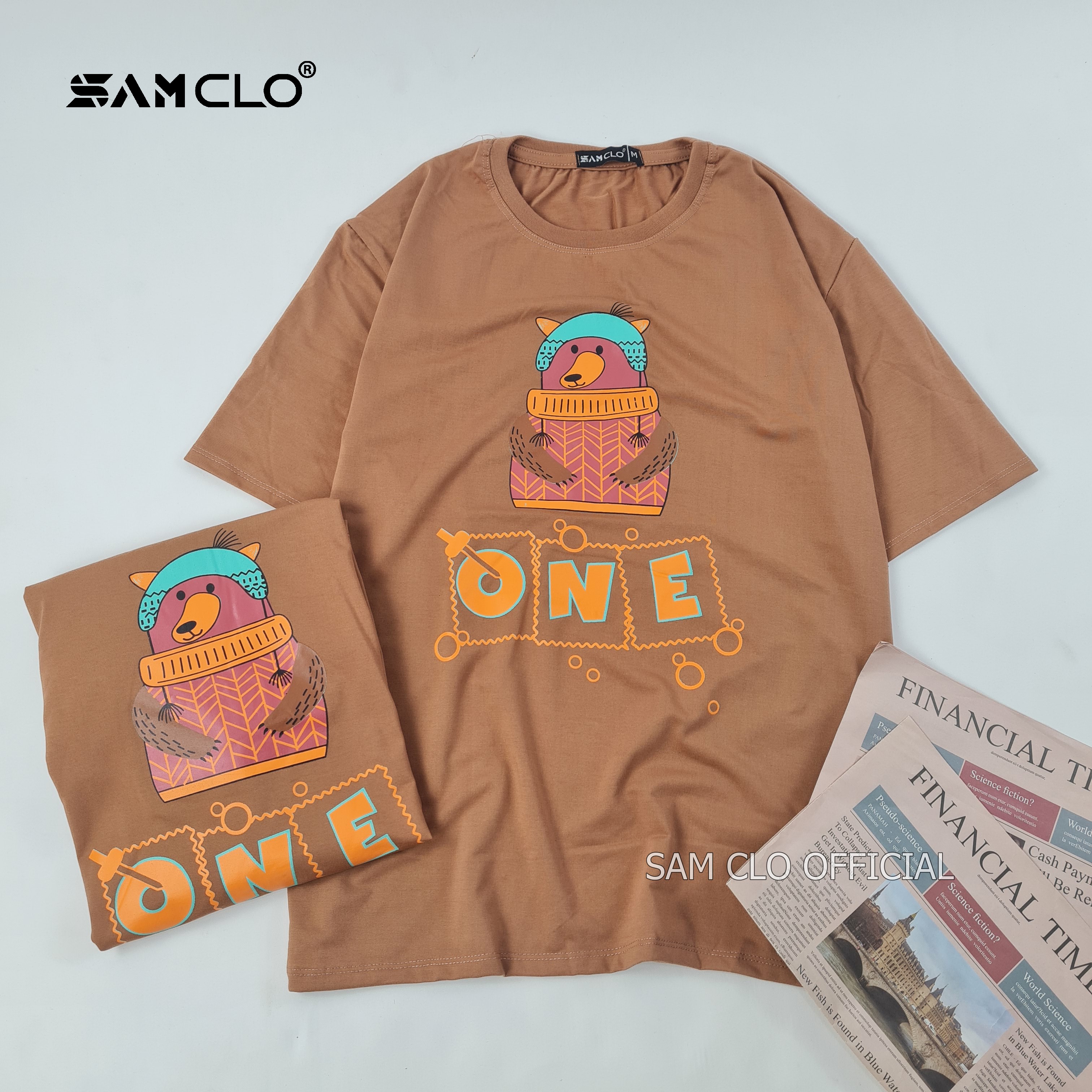 Áo thun tay lỡ nam nữ SAM CLO phông form rộng dáng Unisex - Ulzzang mặc cặp, nhóm, lớp in hình CON GẤU chữ ONE
