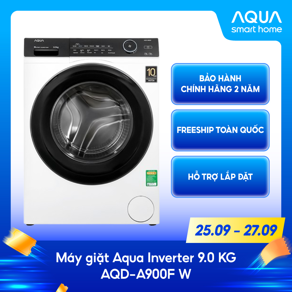 Máy giặt cửa trước Aqua 9KG AQD-A900F.W - Hàng chính hãng bảo hành động cơ 10 năm -  Miễn phí giao hàng toàn quốc - Hỗ trợ lắp đặt