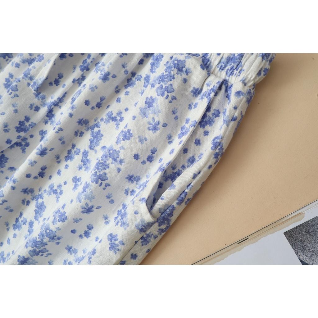 Quần côn dài Linen KACHISA cotton hoa màu xanh