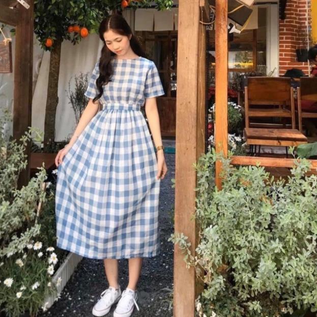 X2 Đầm maxi sọc caro xanh đi biển thắt nút sau form dài váy công sở cổ tròn tay ngắn dây eo